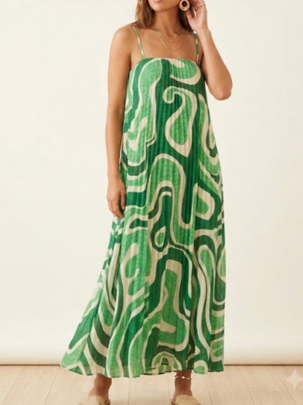 FARM Rio x Anthropologie Square-Neck Pleated Midi Dress Green Swirl -Size S